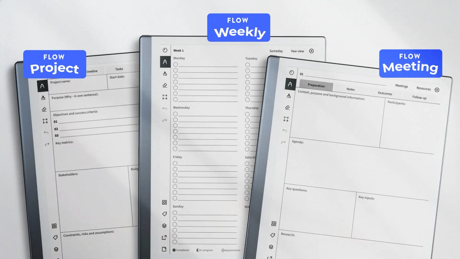 FLOW tools on reMarkable — weekly planner, meeting notes, project tracker
